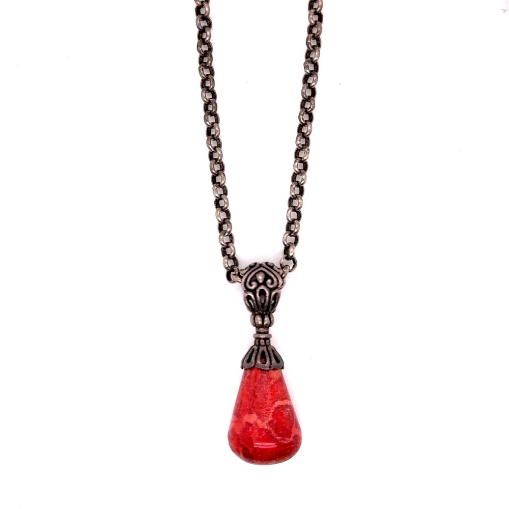 Sterling Silver Red Sponge Coral Teardrop Pendant Rolo Chain Necklace 17in 20.6g